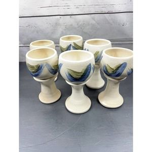 Set Of 6 Studio Art Pottery Hand Thrown Wine Goblets in White, Browns & Blues